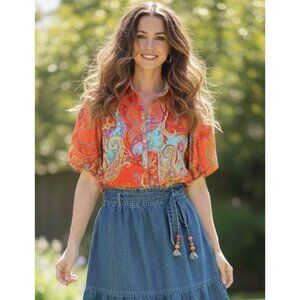 Lauren Ralph Lauren Paisley Puff Short Sleeve Colorful Psychedelic Button Up XL